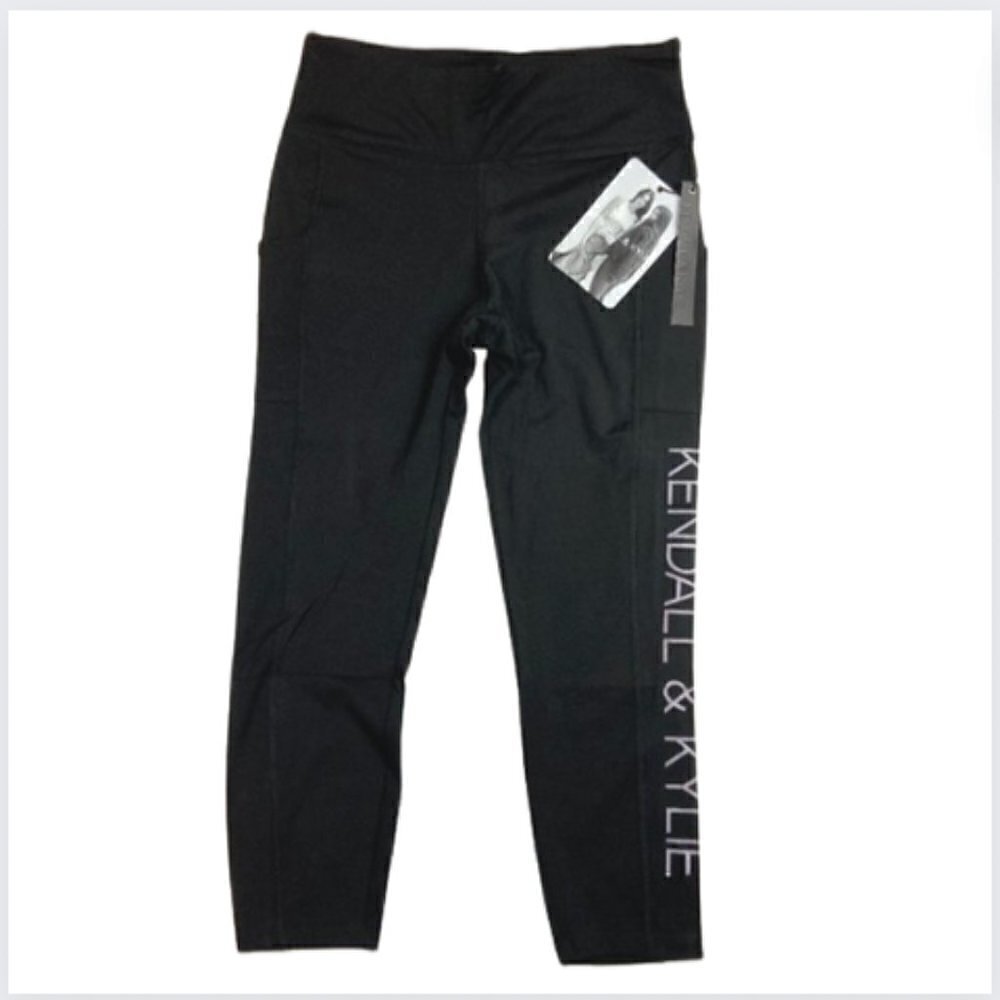Kendall & Kylie Black Cropped Stretch Leggings with Signature Logo, Medium
